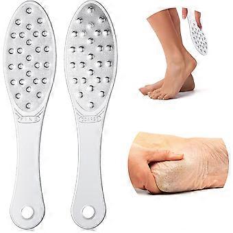 2 stuks roestvrijstalen voetvijlen voor het verwijderen van eelt, dubbelzijdige metalen voetschraper/rasp/scrubber voor natte of droge huid, professioneel pedicure-instrument voor harde huid.