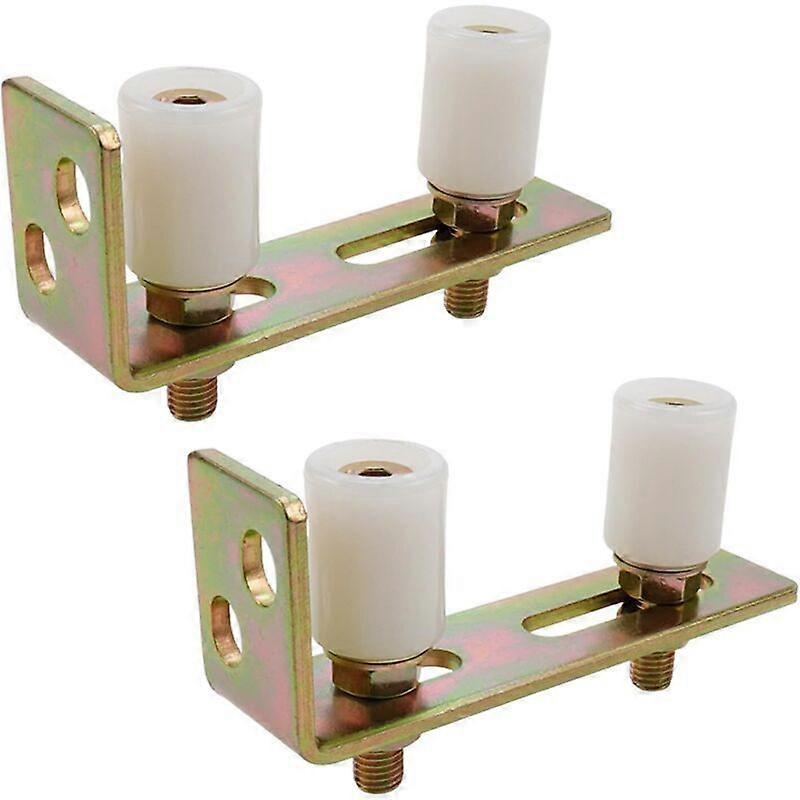 Sliding gate guide roller with L-shaped post bracket. Adjustable nylon double roller gate assembly bracket for sliding gates.