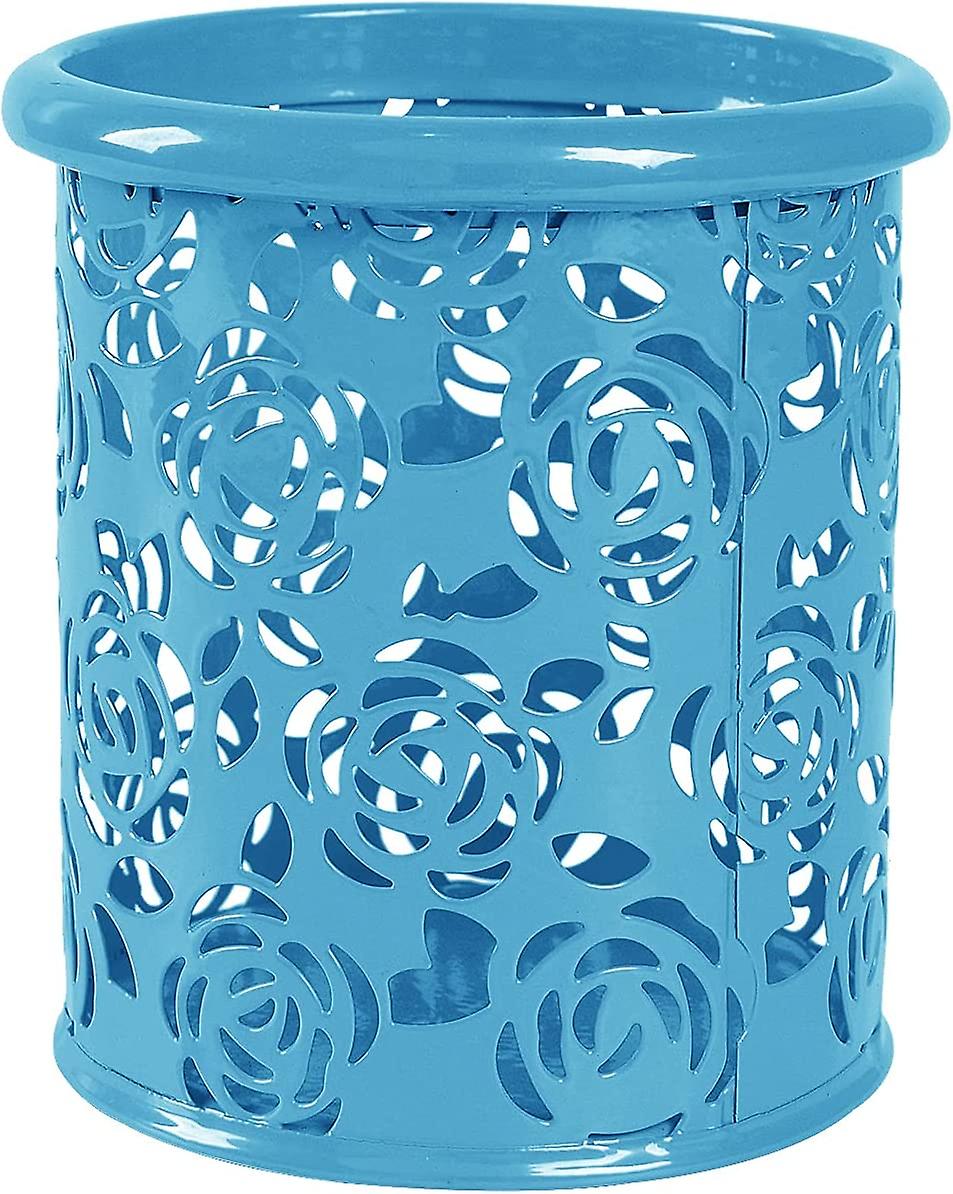 Multicolor Hollow Rose Flower Pattern Pen Pencil Pot Holder Container Storage Box(Blue)
