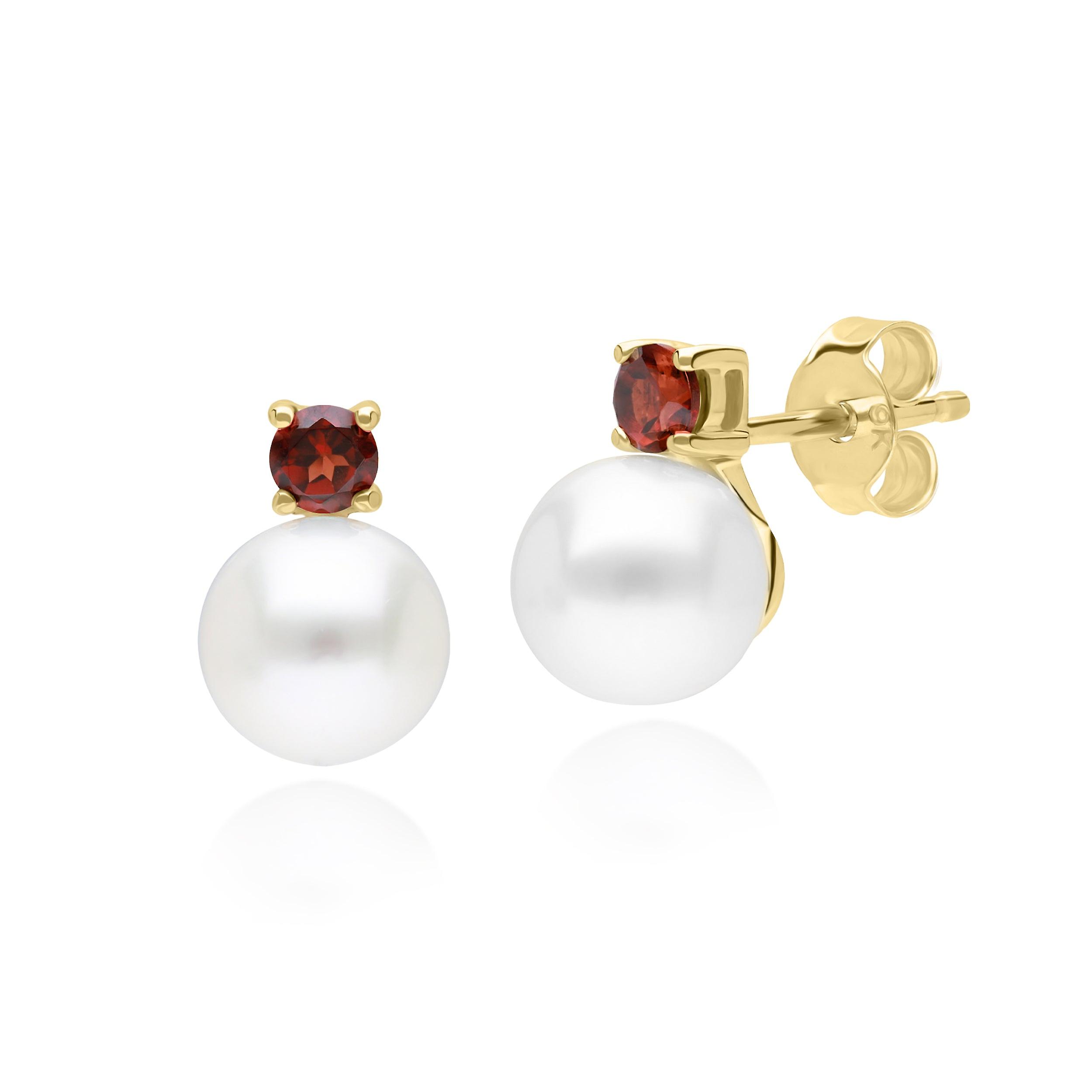 Modern Pearl & Garnet Stud Earrings in 9ct Yellow Gold