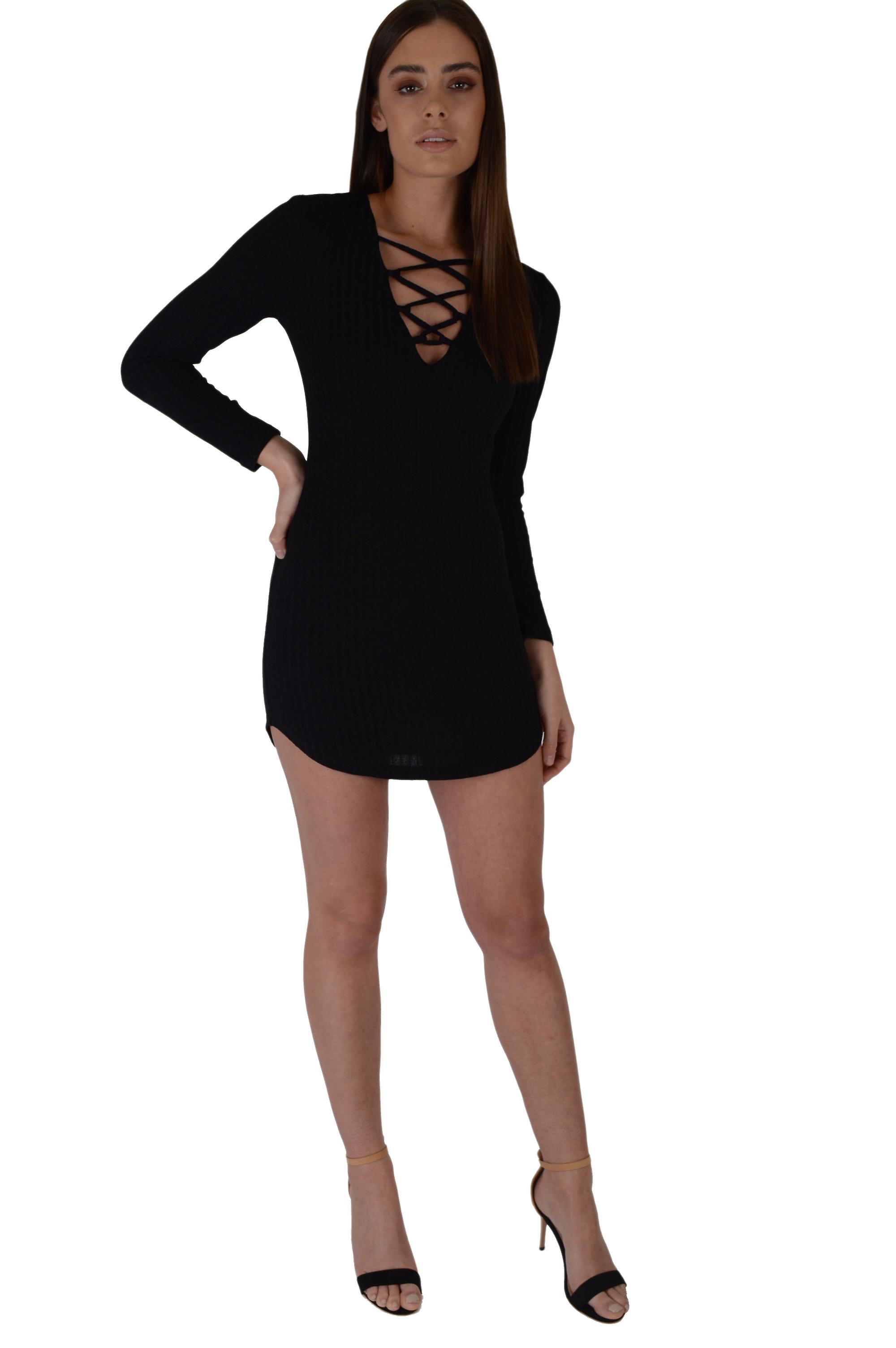 LMS Black Bodycon Dress with Lace Up Front and Curved Hemline-UK6 / EU 34