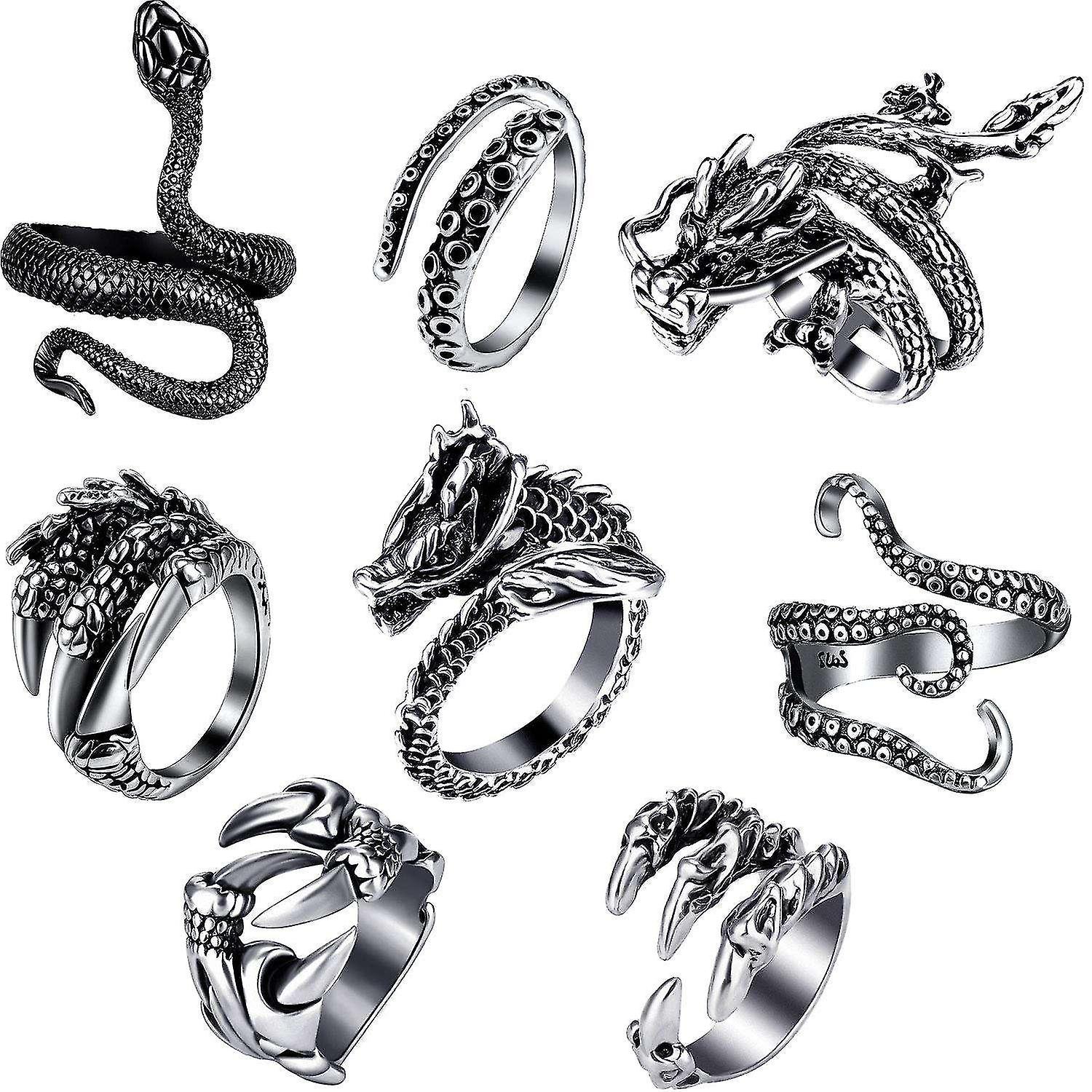 8 Pieces Vintage Punk Rings Octopus Dragon Snake Adjustable Ring