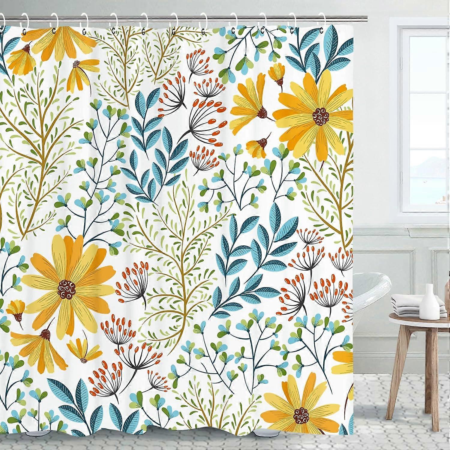 Floral Shower Curtain, Yellow Floral Shower Curtain, Shower Curtain Set with 12 Hooks, Decorative Colorful Flowers Blue Leaves Bathroom Accessories, M