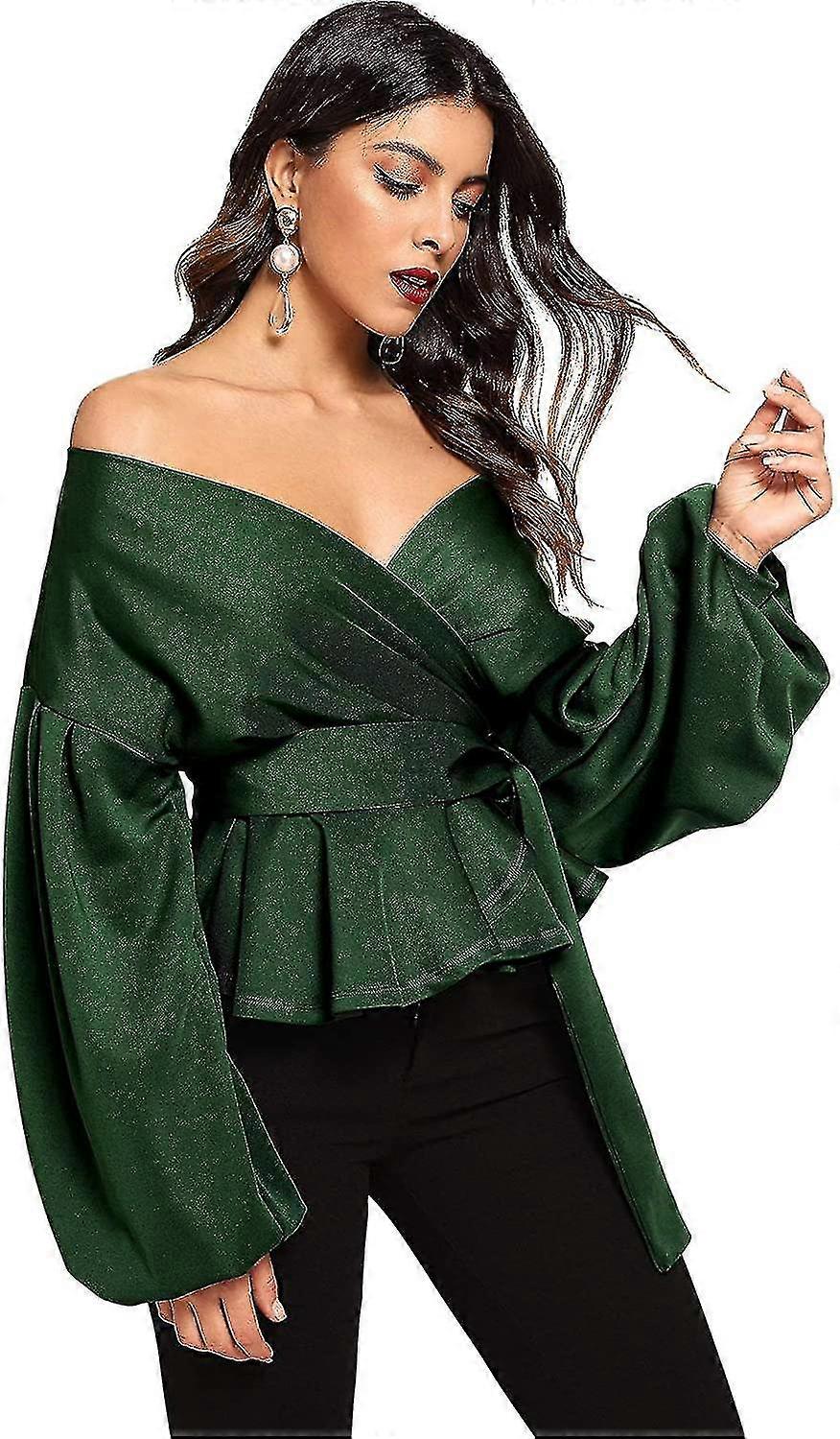 MakeMeChic Women's Off-Shoulder Tie-Front Cropped Top - Ruched Long Sleeve Casual Shirt