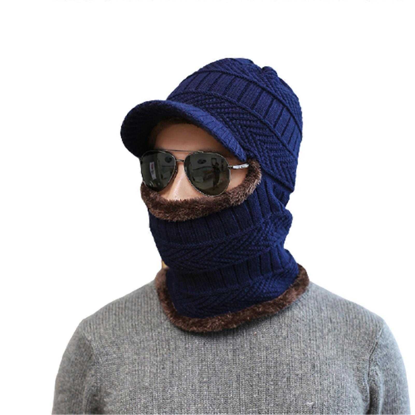 Men Warm Hat Scarf Set with Plush Lining Wool Hat Thickened Cycling Warm Hat Windproof Neck