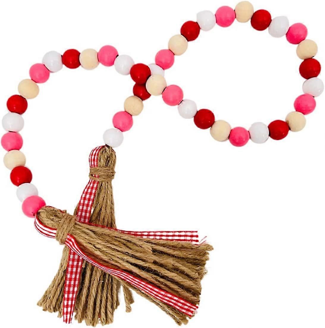 家の装飾のための33inピンクウッドビーズタッセルガーランドバレンタインデーティアードトレイの装飾母の日素朴な木製ビーズオーナメント農家の装飾的なWre