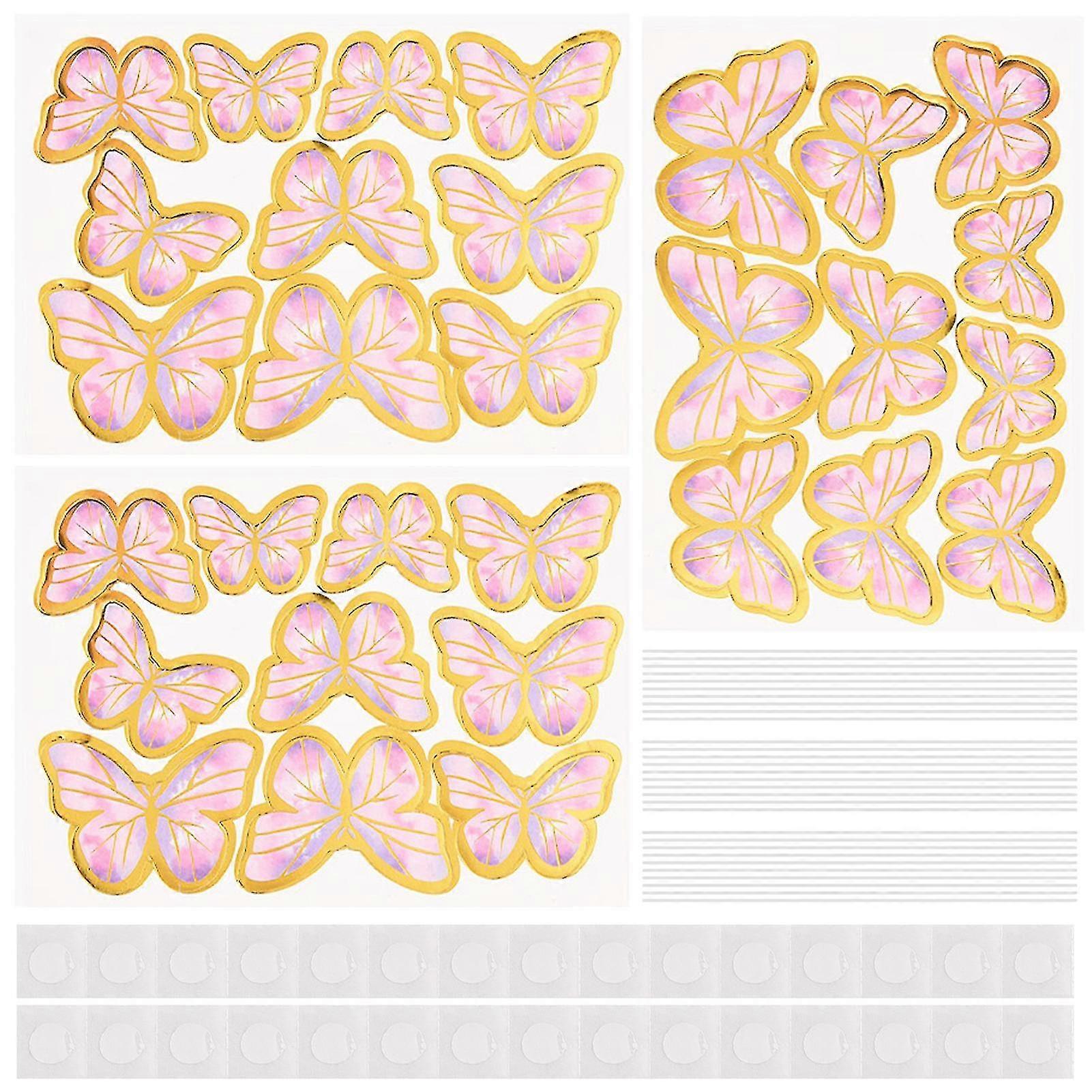 90pcs Glue Dot Cupcake Assorted Size Cake Topper Set 3D Butterfly con alambre de hierro