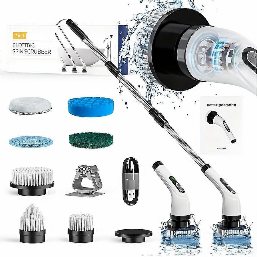 1 Set 7-in-1 Electric Rotating Washer, Cordless Bathroom Bathtub Floor Scrubber, With 3 Rotating Speeds, Long Handle And 7 Interchangeable Cleaning He