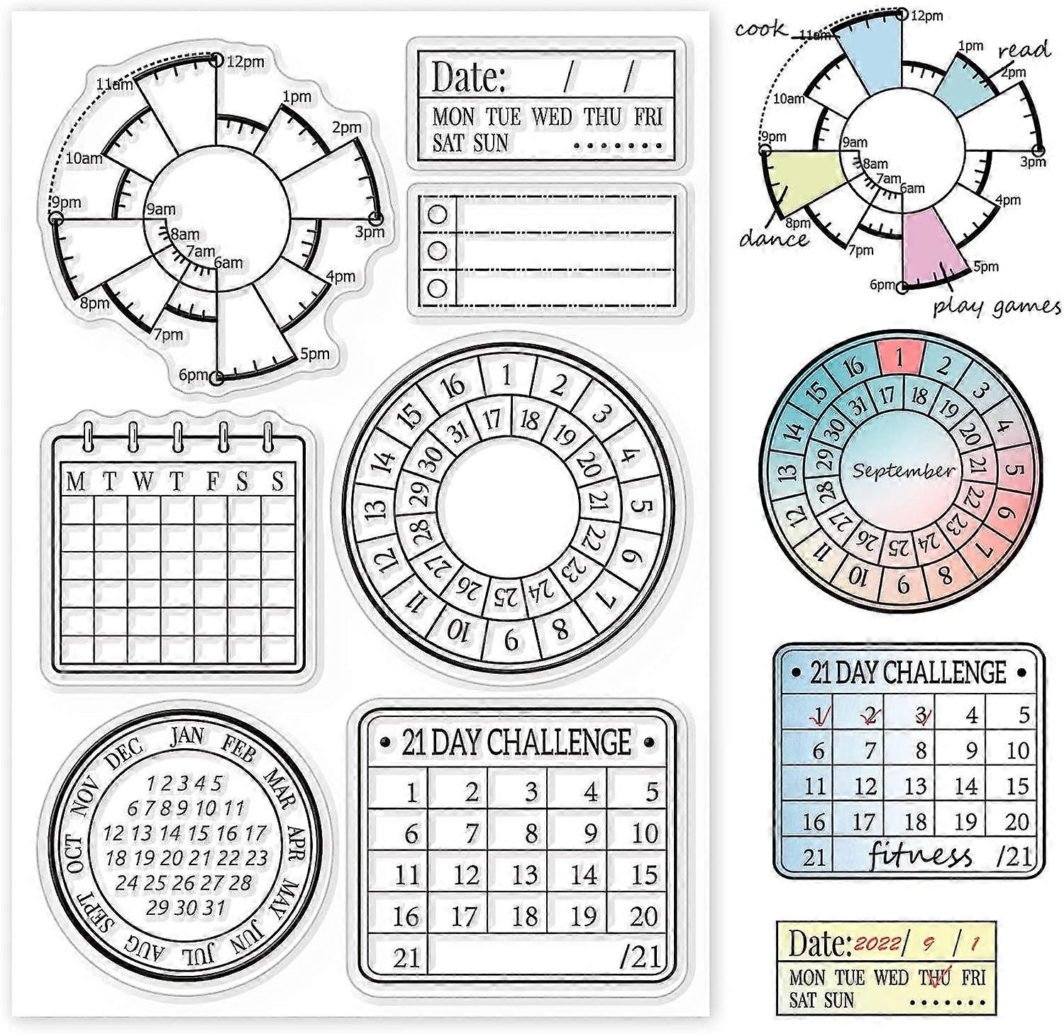1sheet Time Record Form Silicone Clear Stamp Time Pie Chart Transparent Silicone Stamp Calendar Planner Rubber
