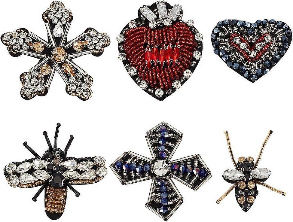 6 Pcs 6 Styles Bee Crystal Patches Sew on Heart Patches Acrylic Beaded Felt Appliques Patch Cross Snowflake Decorative Clothes Patches Craft Accessori