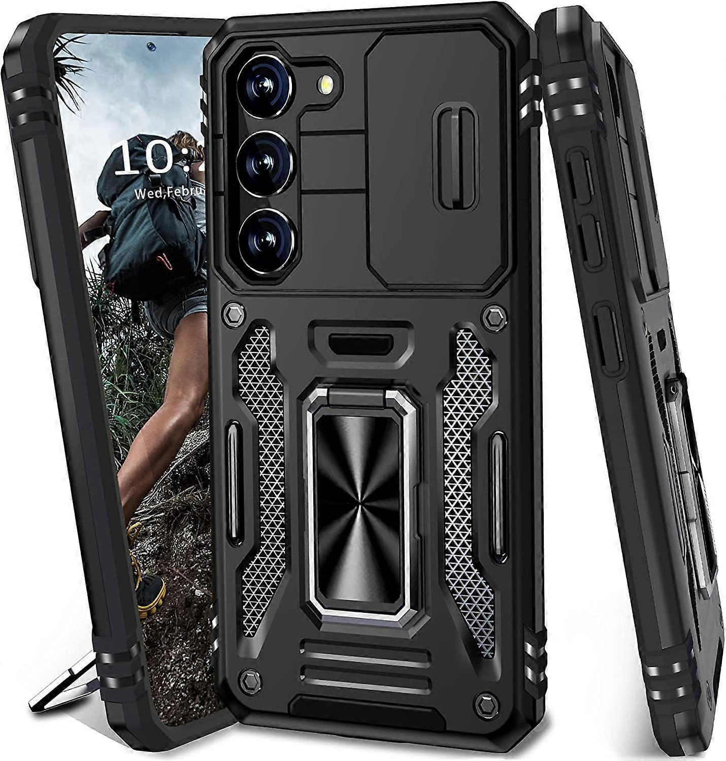 Samsung Galaxy S23 Case with Slide Camera Cover, Samsung S23 Case with 360 Rotatable Magnetic Kickstand Ring, Military Grade Shockproof Protective Cas