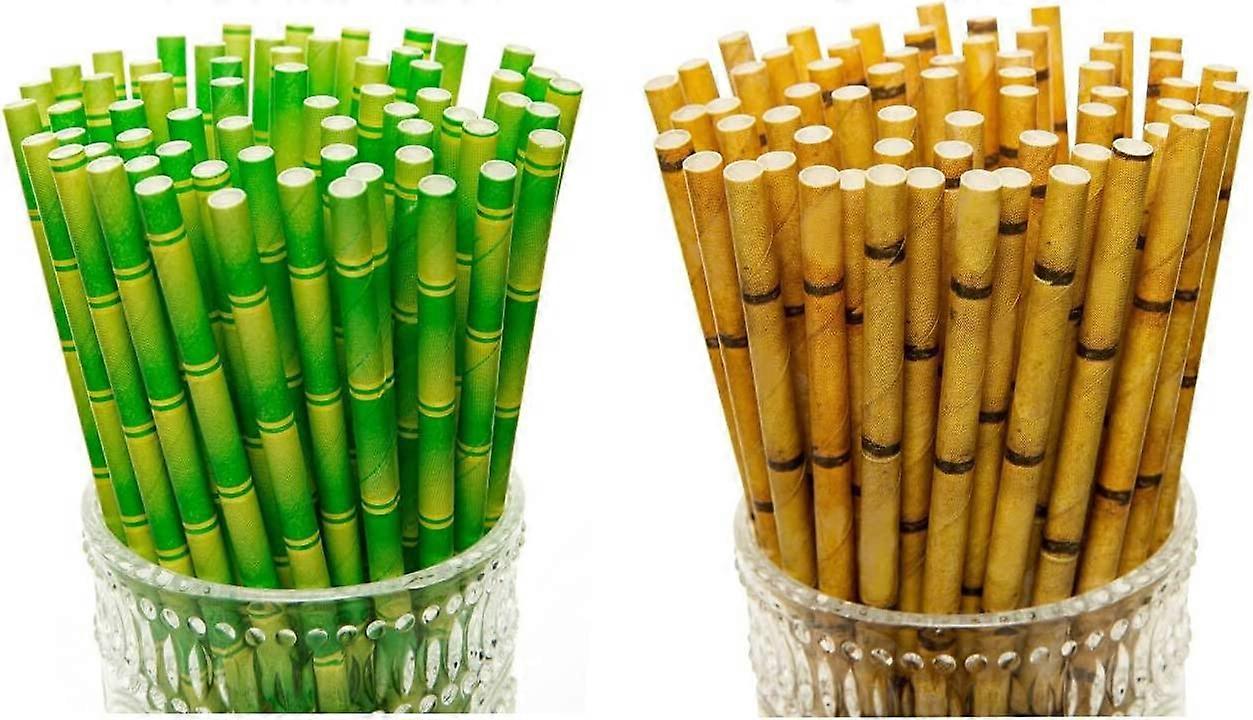 100 Pc 2 Colors Biodegradable Bamboo Print Paper Drinking Straws