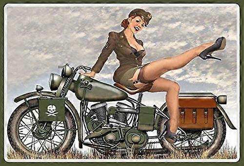 レトロなヴィンテージ米国陸軍バイカーピンナップガールオートバイ金属錫看板ホームバーカフェRetaurant壁の装飾看板12x8インチ