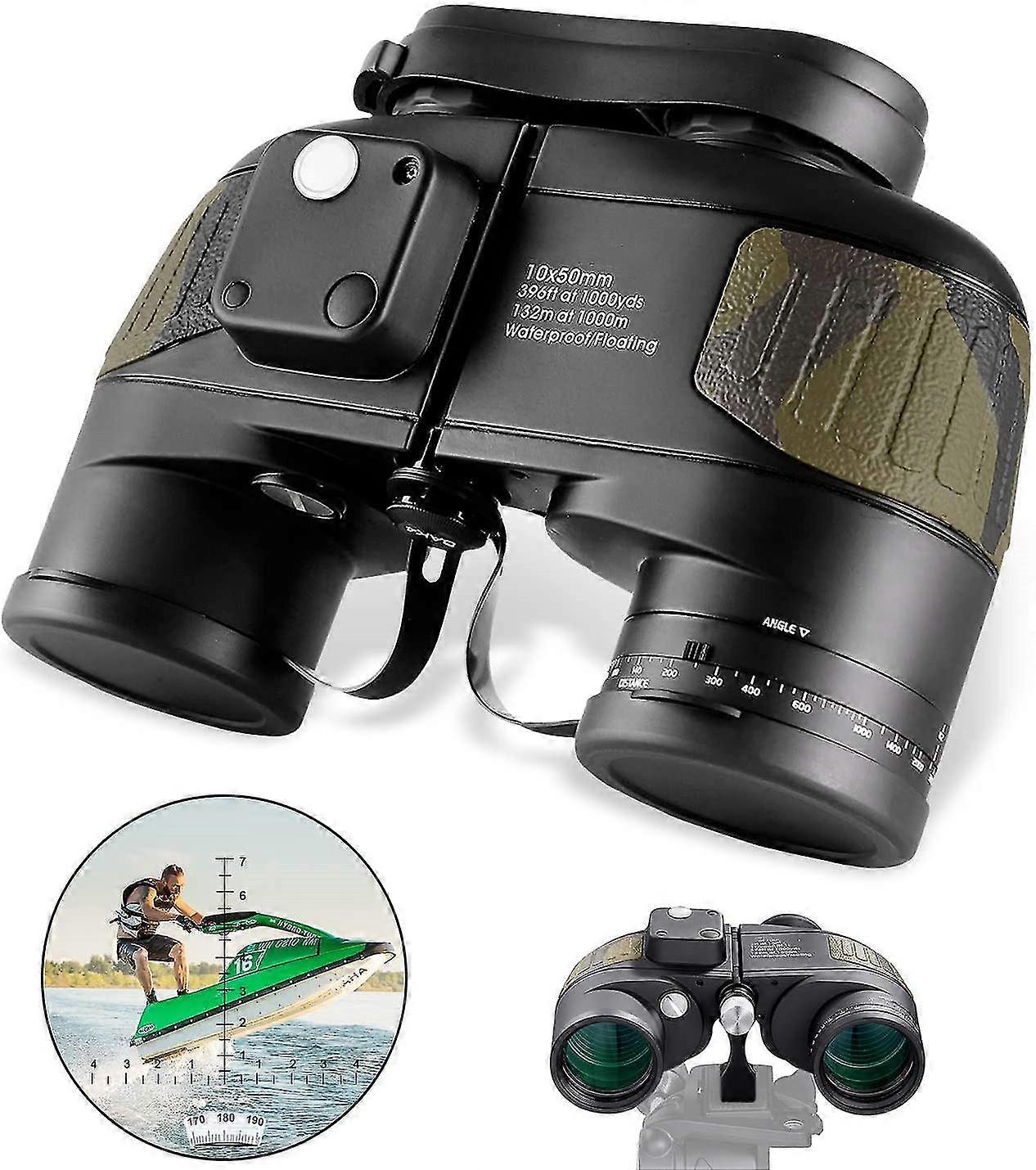 Marine Binoculars 10x50 for Long Distance Compact Binoculars for Adults with RangefinderArmy green