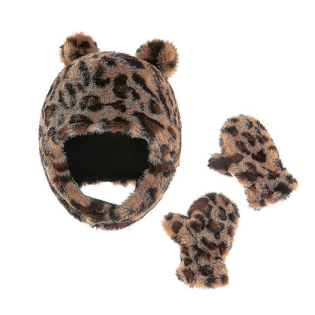 Winter Warm Baby Leopard Pattern Earflap Hat Gloves Set Cute Ears Beanies Cap