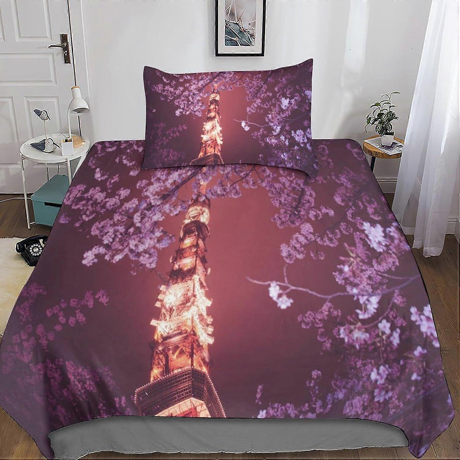 3D Sakura Duvet Cover, 2 Pieces with Pillowcases, Microfiber Set, Zipper Closure, Floral Bedding Set for Adults and Children Single