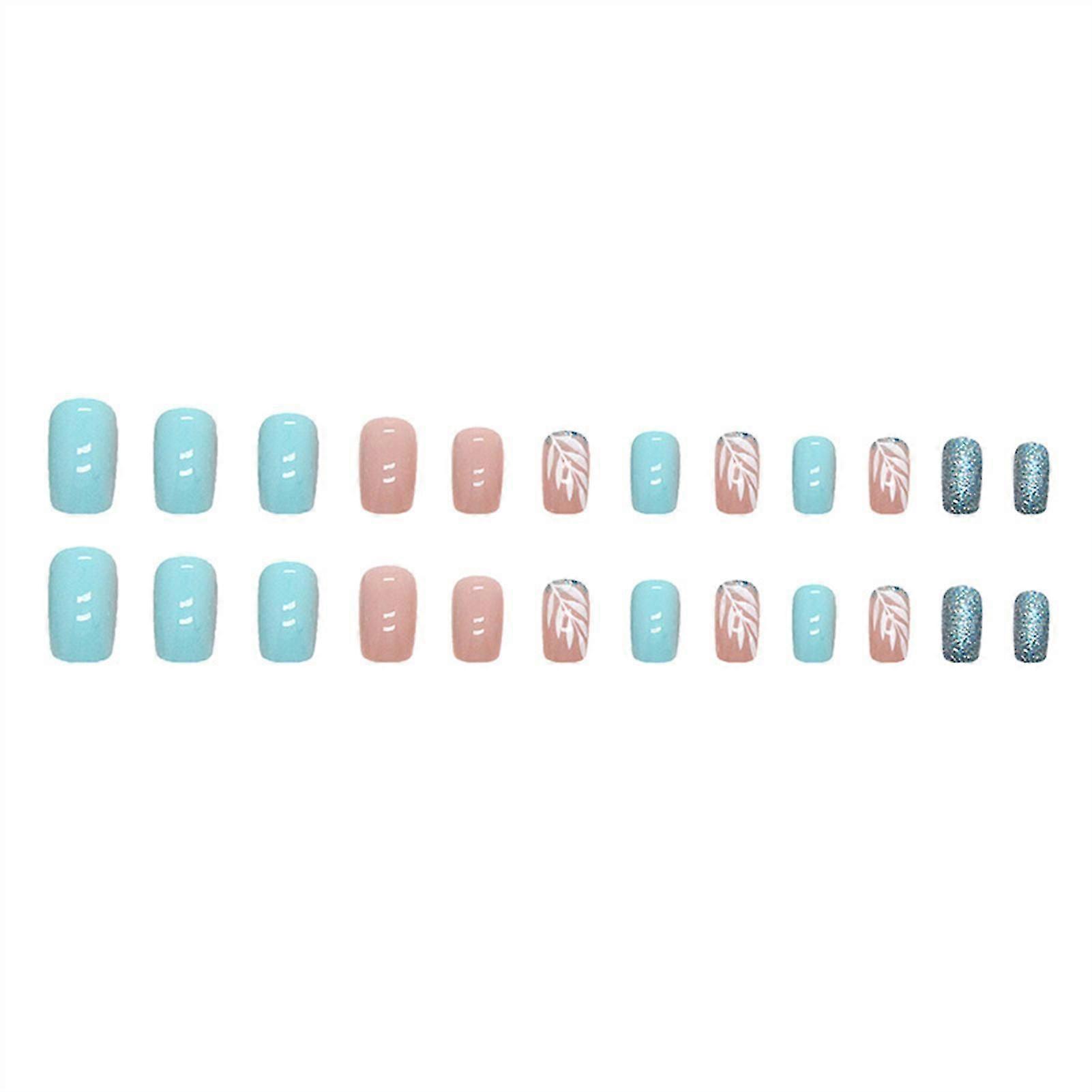 Green Shiny Short False Nails Short Square False Nail With White Edge Glue Models