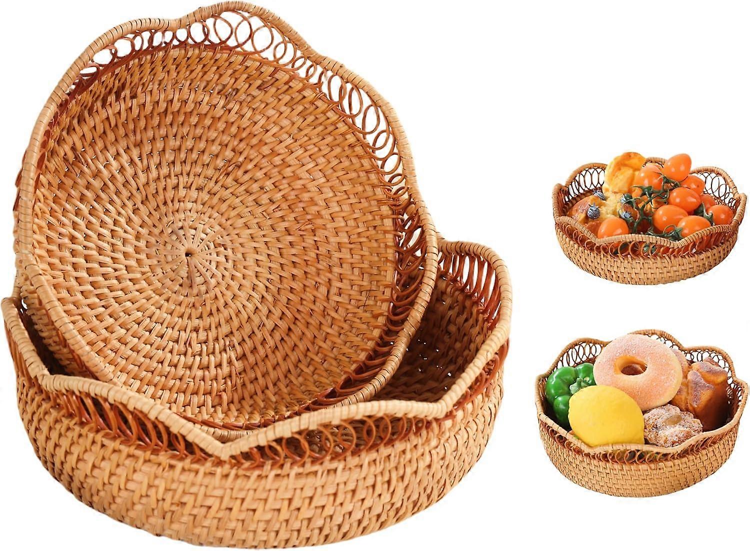 Set of 2 Rattan Bread Serving Baskets, Handmade for Kitchen Counter Organization