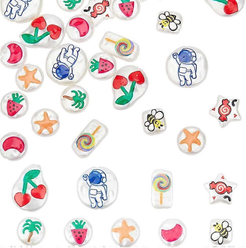 27 Pcs 9 Styles Imitation Pearl Beads 3D Printed Flat Round Beads with Strawberry Starfish Coconut Tree 3D Printed ABS Plastic Beads Spacer Beads for