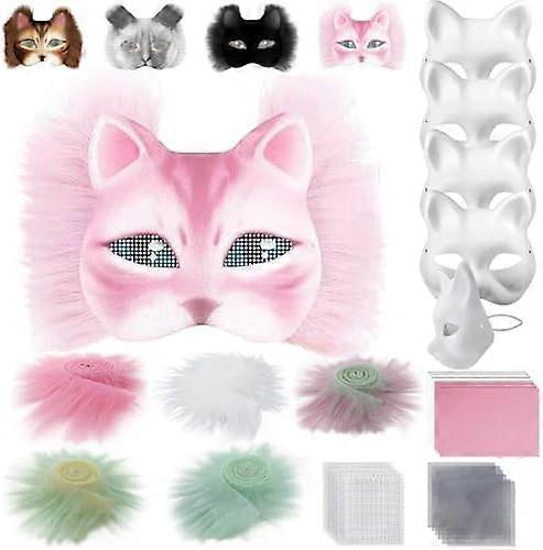 Cat Mask with Fur and Net Eye, DIY Blank Paper Masks, White Painting Paper Masks, Cat Mask for DIY Halloween Mardi Gras Party