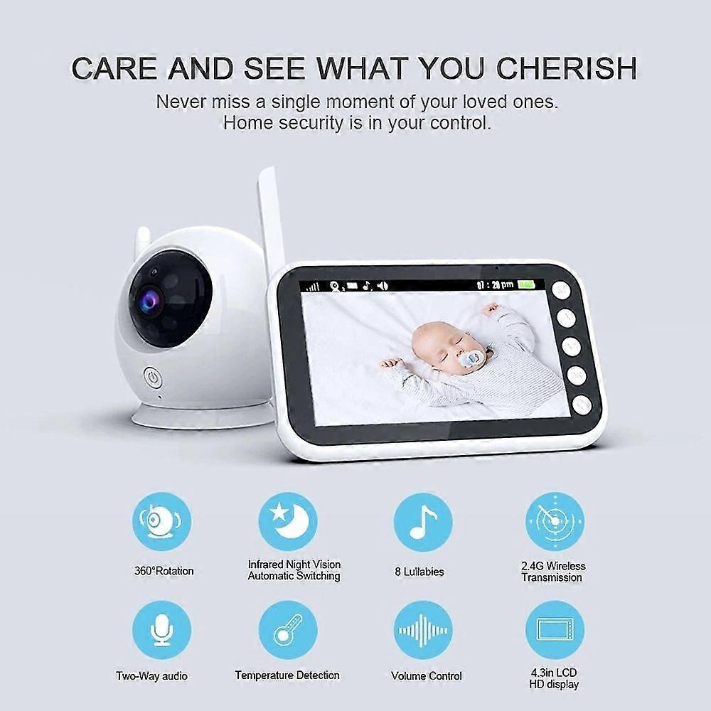4.3 Display Video Baby Monitor with Camera and Audio Remote Wide View Two Way Audio Talk Infrared Night Vision 8 Lullabies UK Plug
