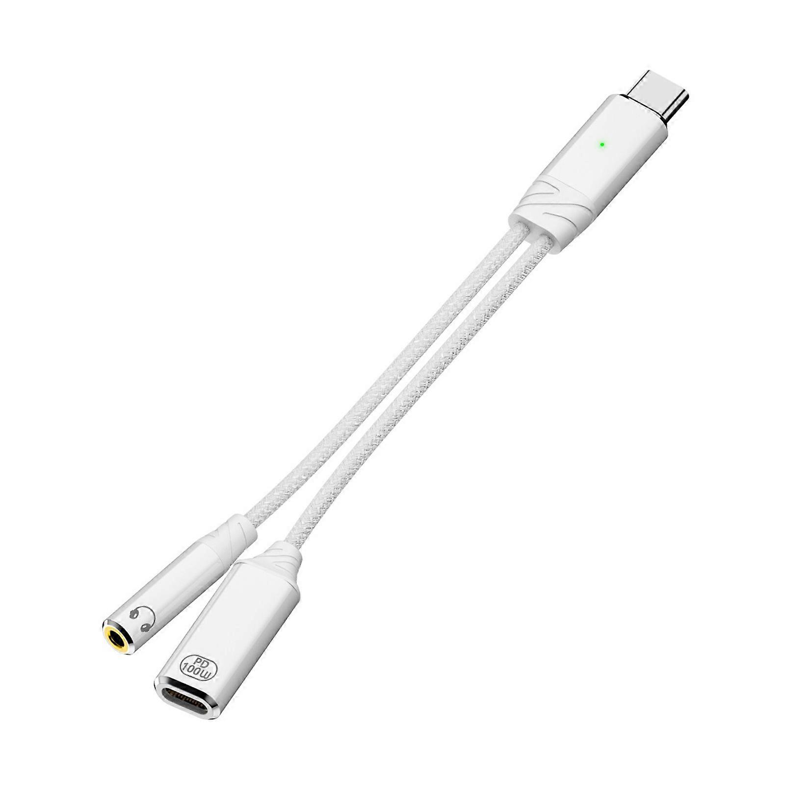 Short Type C Splitter Cord 3.5mm Sound 100W Charging Cable for Efficient Power and Sound Management in Any Environment White