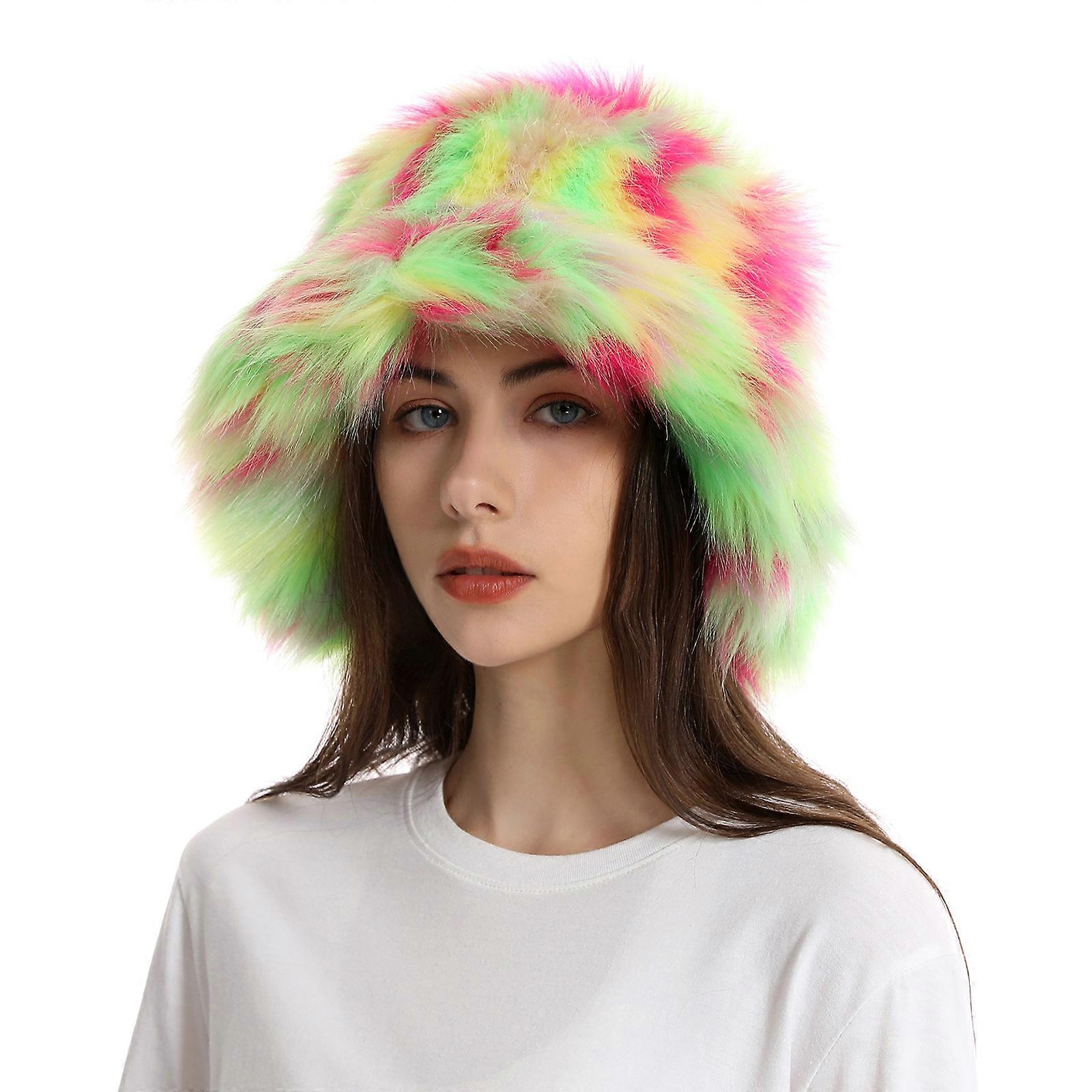 Rainbow Color Windproof Bucket Hat Tie-dyed Long Plush Fisherman Hat Warm Fuzzy Winter Plush Fisherman Hat Unisex Color 3