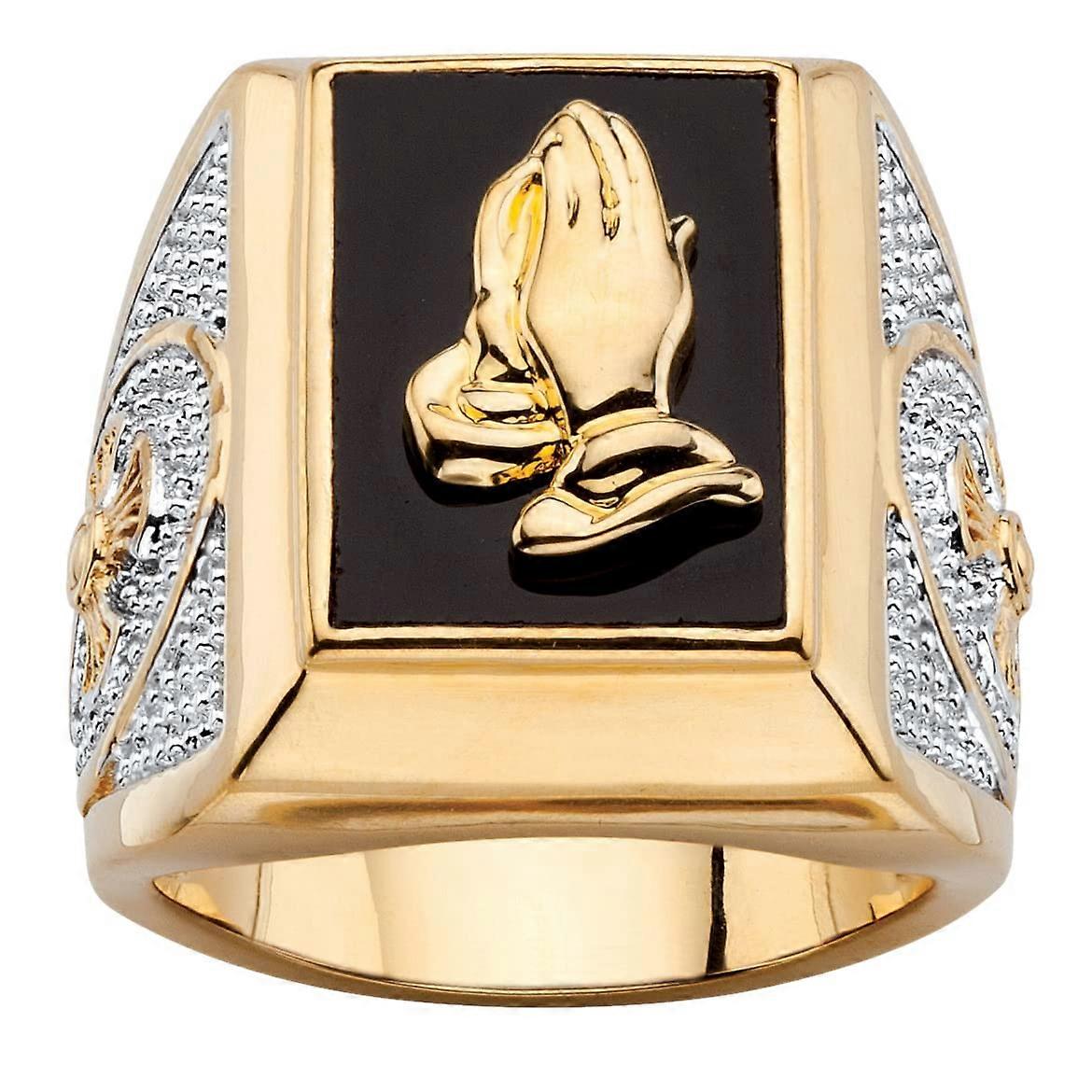 Palmbeach Men's Yellow Gold Coat Rectangular Black Onyx Praying Hands or textured cross ring size 12