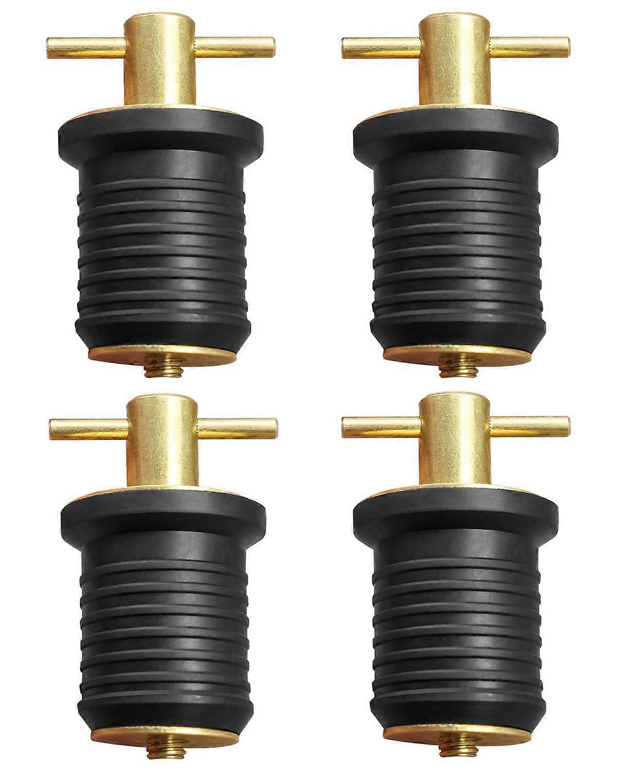 Brass T-Handle Drain Plug for 1 Inch Diameter Drains, Marine Boat Accessories, Rubber Seal, 4 Pack