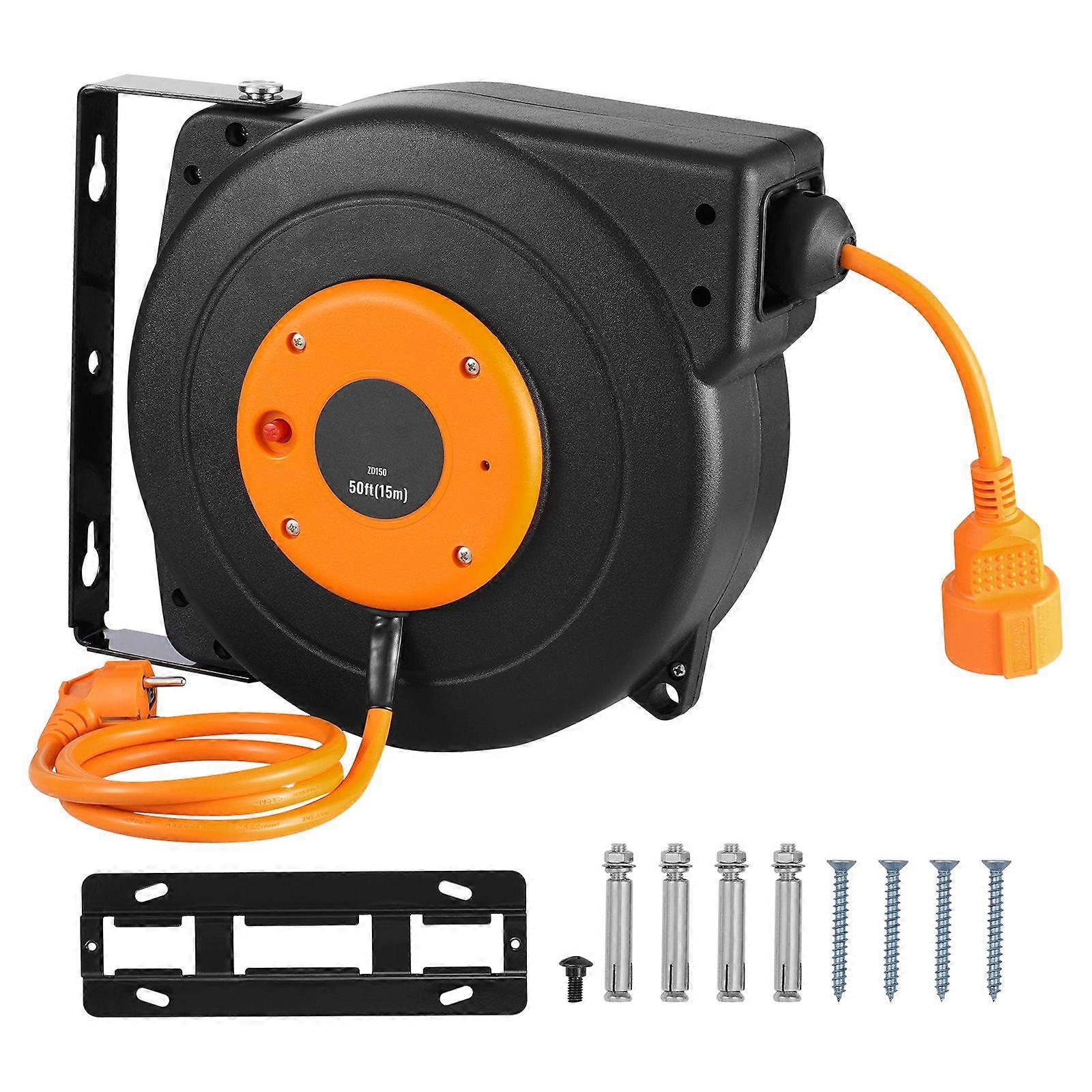 Enrouleur de rallonge rétractable, 49,21 pi/15 m, 1000 W, cordon d’entrée de 3,28 pi/1 m, coque en PP, support pivotant 180 pour montage au plafond ou mural