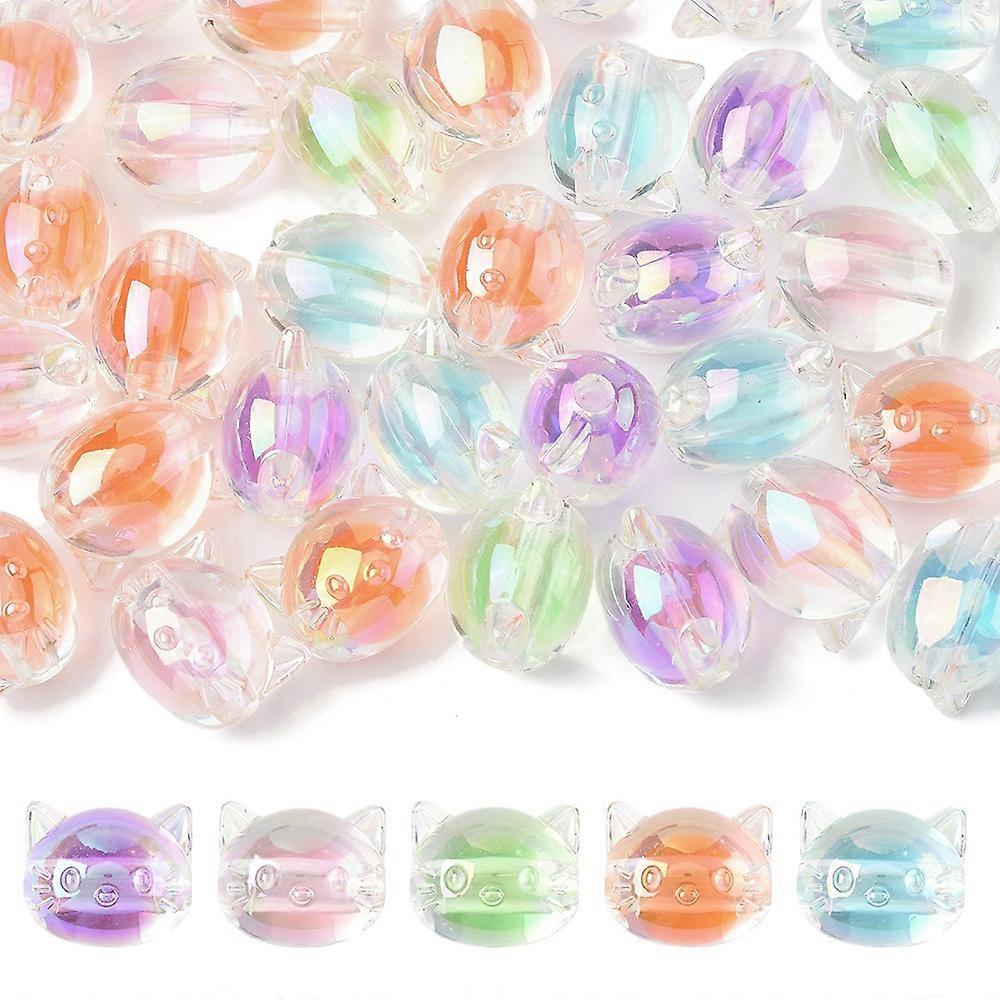 32Pcs UV Plating Rainbow Iridescent Acrylic Beads Cat Shape Craft Beads