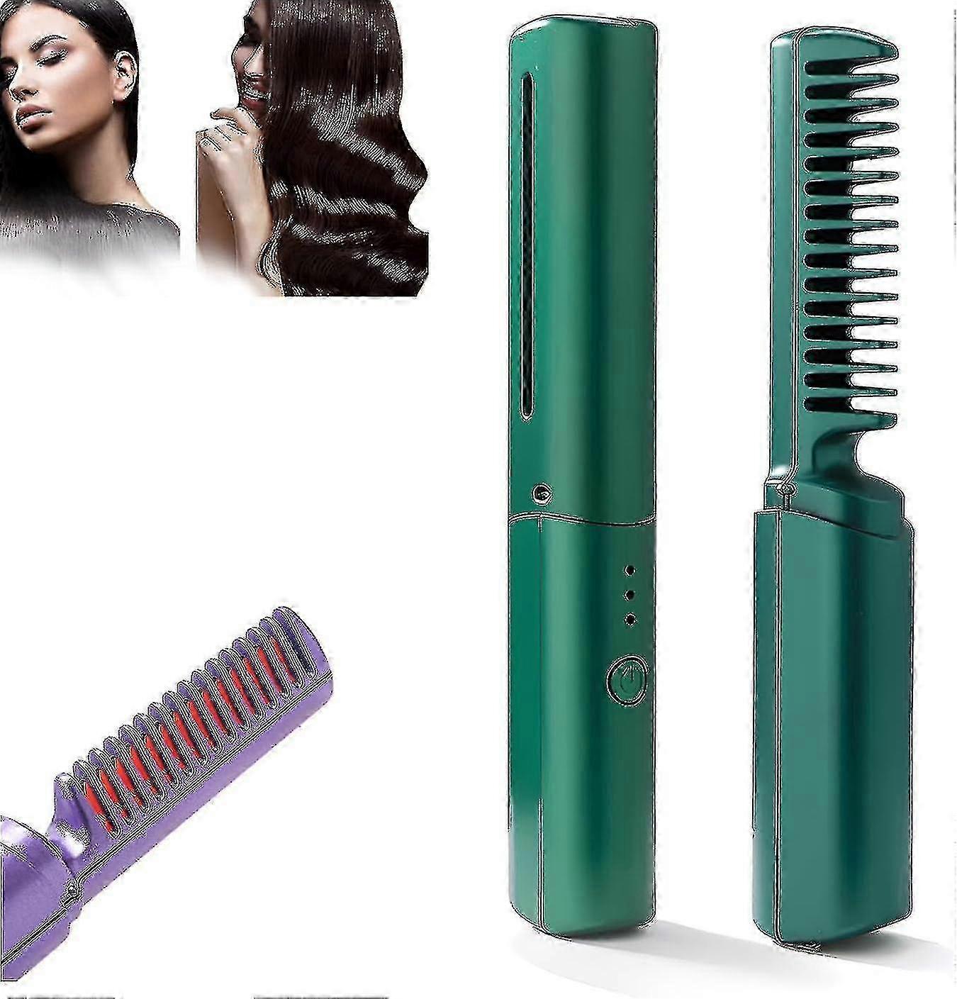 Mini Ionic Plattång Borste, Uppladdningsbar Med 3 Värmeinställningar, Resevänlig - Grön
