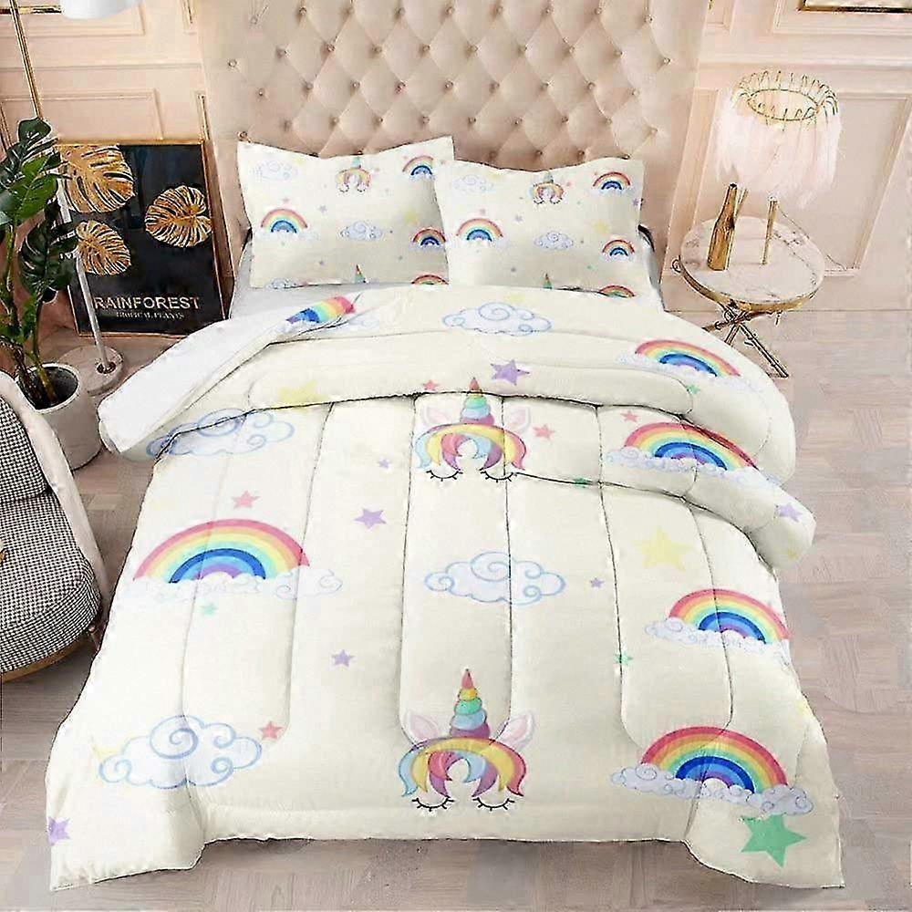 Full Size Kids Comforter Set 3 Pieces Featuring Cute Magical Unicorns, Rainbows, Clouds and Stars Cartoon Printed Bedding, Adorable Bedding