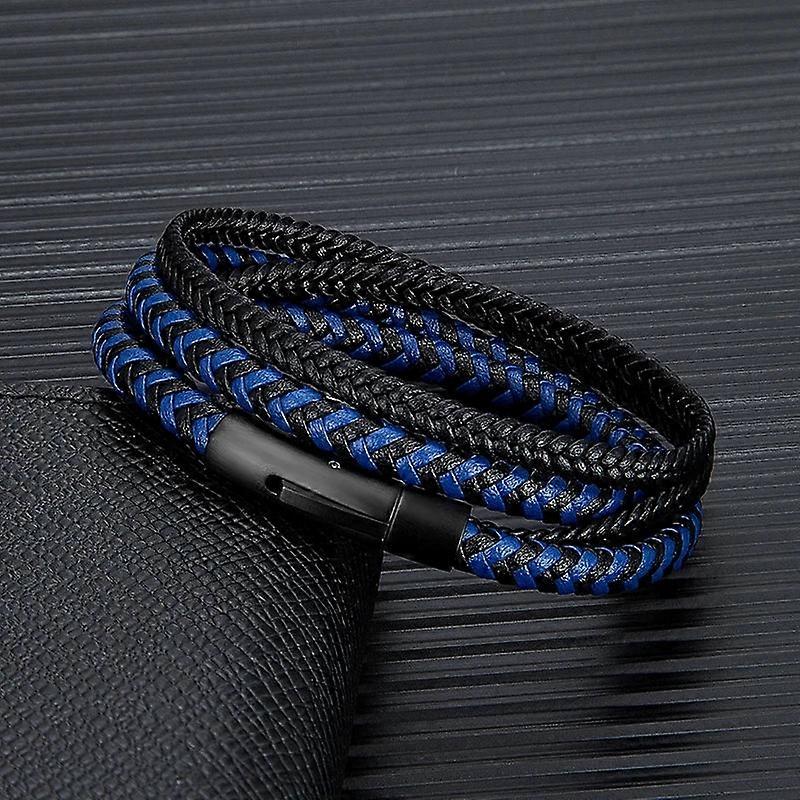 Mens Double Layer Leather Stainless Steel Button Bracelet