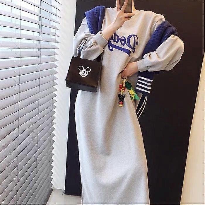 Plus Size Letter Printed Padded Thickened Pocket Sweatshirt Dress Women's Autumn and Winter Loose Lazy Style Knee-length Straight Dresses