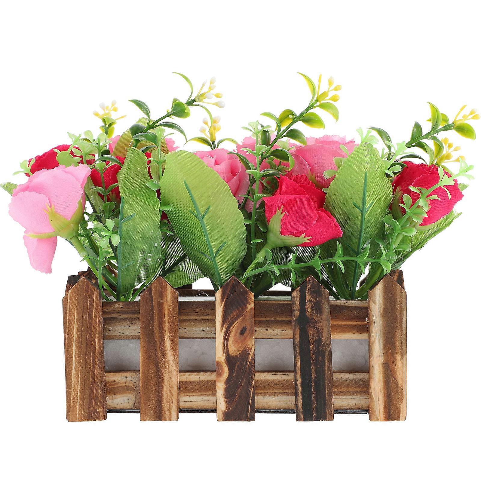 Artificial Potted Flowers with Wooden Fence for Home Decor Assorted Color Synthetic Material