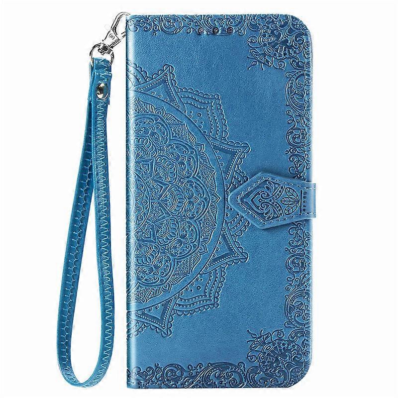 Case For Iphone 13 Blue Mandala Leather Same Style Short Hand Strap Embossed No524