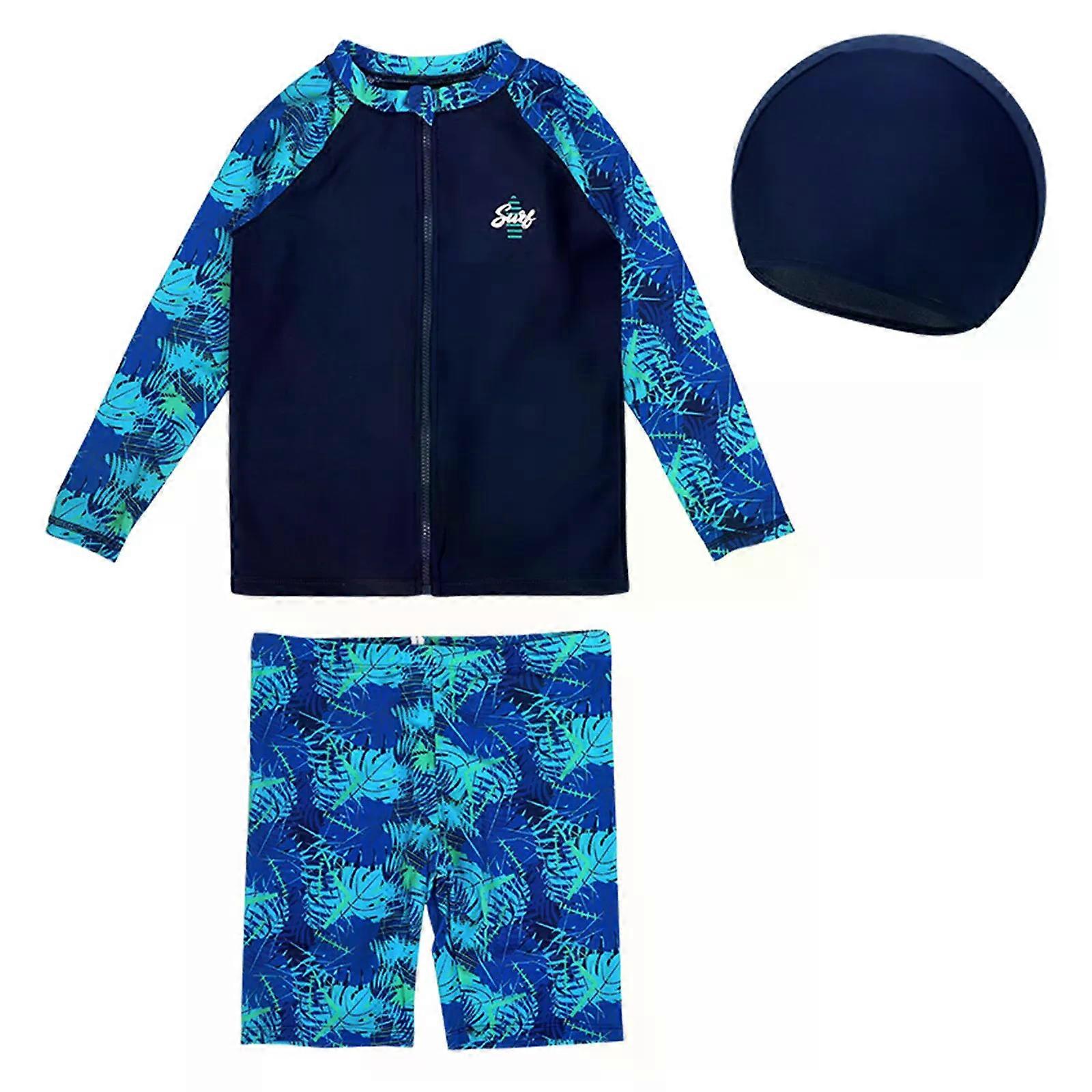 Barn Pojkar Solskyddsmedel Baddräkt Badkläder Långärmad Dragkedja Topp med shorts Hatt Rash Guard Våtdräkt Strandpool Baddräkt