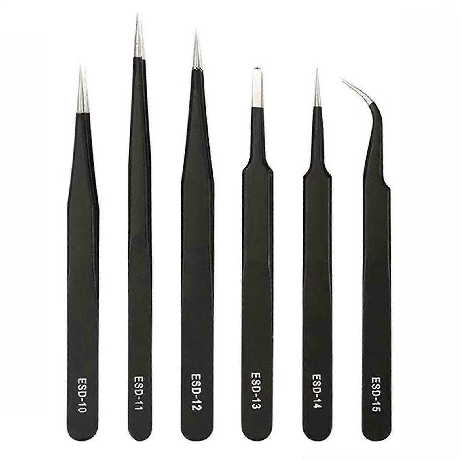 Precision Tweezer Set, Antistatic Stainless Steel, 6-Piece Precision Tweezers, Fine Tip and Curved Grip Tools