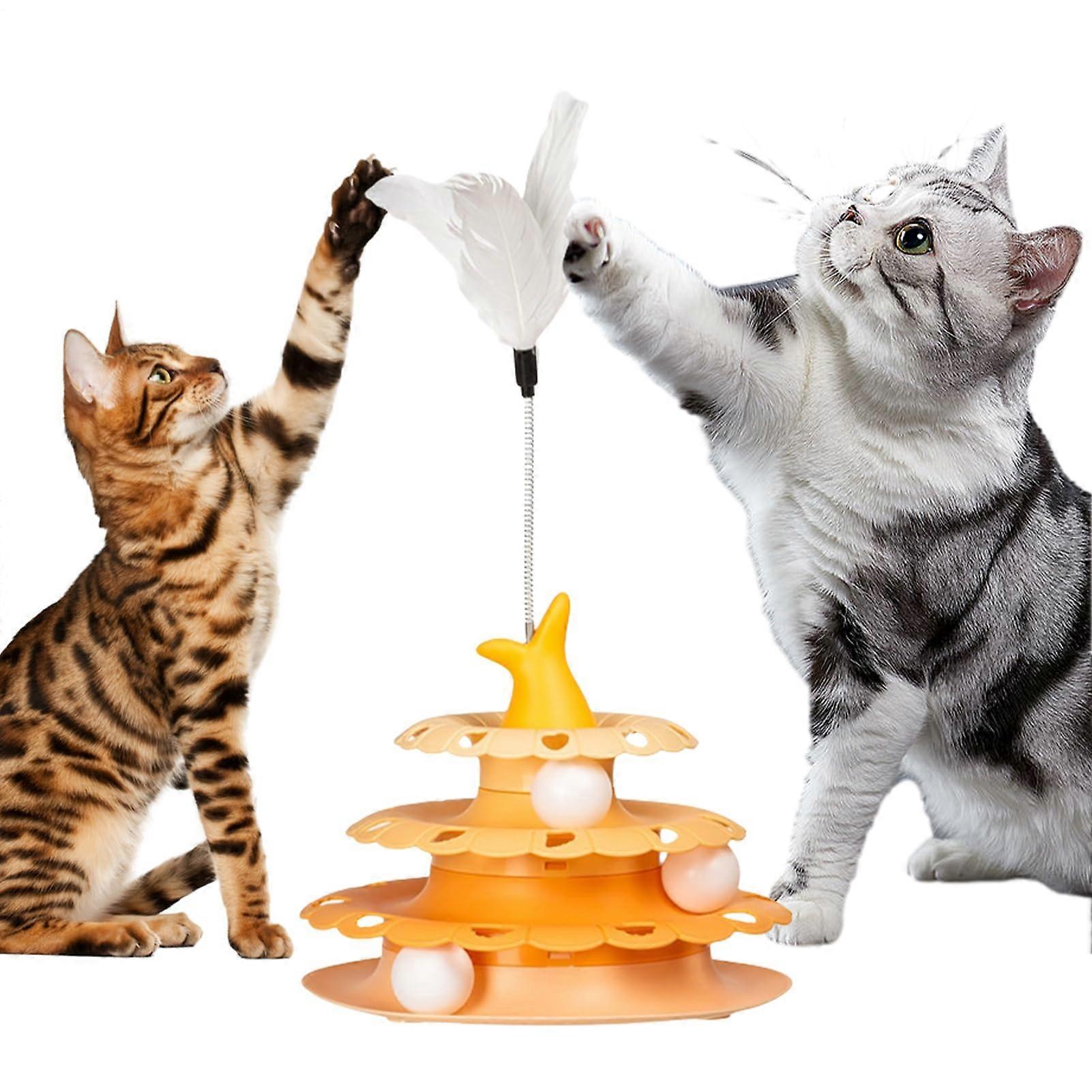 Interactive Cat Feather Toy, Cat Ball Toy - Pet Cat Turntable with Teaser Stick | Interactive Ball Tower Track for Hunting Training