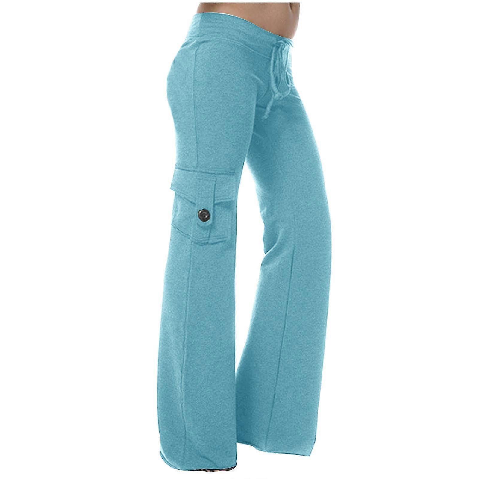 Running Pants Women Summer Yoga Y2K High Waist Stretch Cotton Breathable With Elastic Drawstring Pockets XXL Sky Blue
