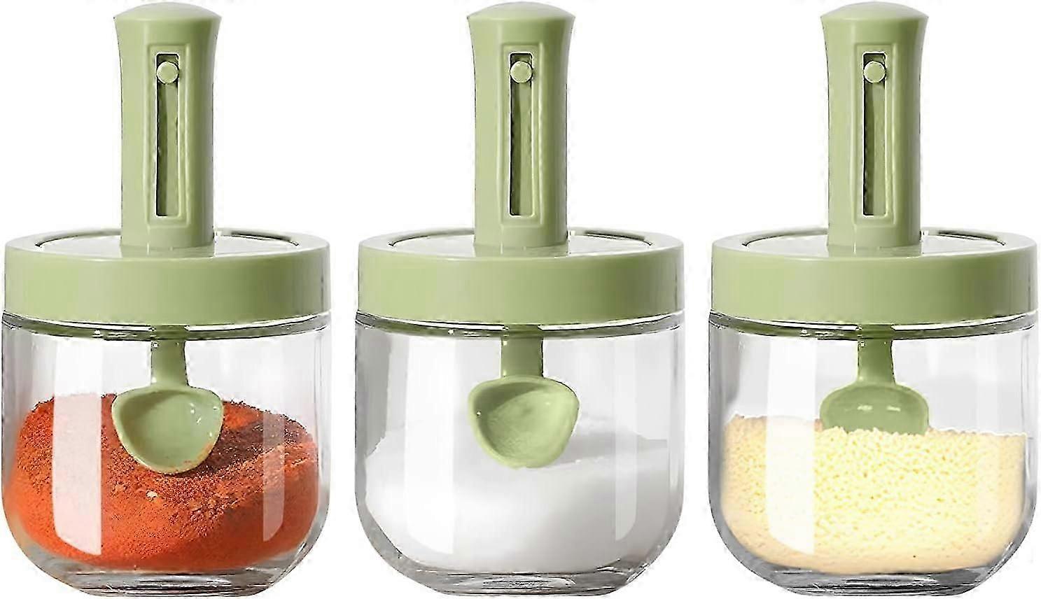 Glass Spice Jar with Integrated Spoon Lid - Moisture-Proof Container in Green