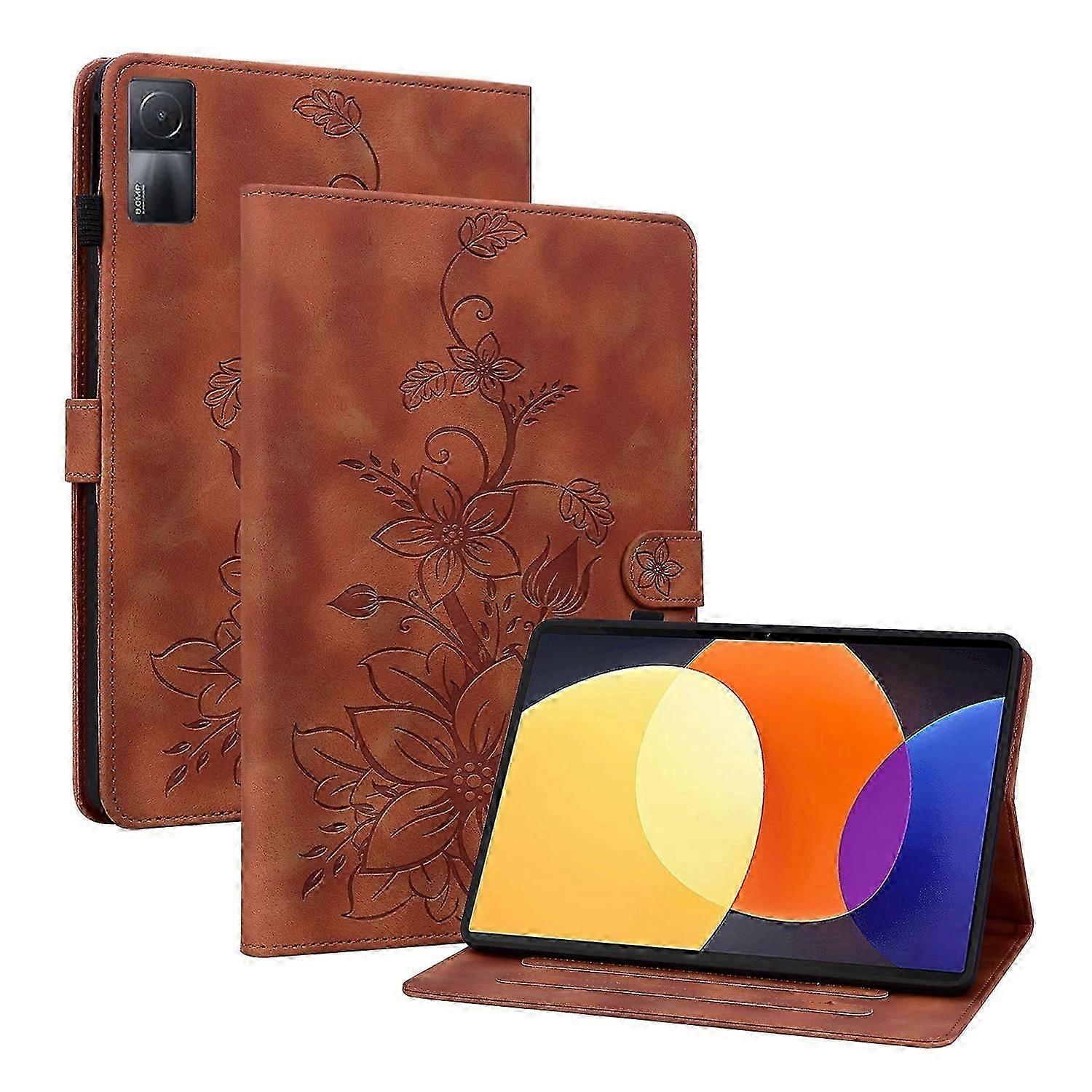 Lily Flower Embossed Genuine Leather Tablet Case Elegant Protective Cover with Stand Function
