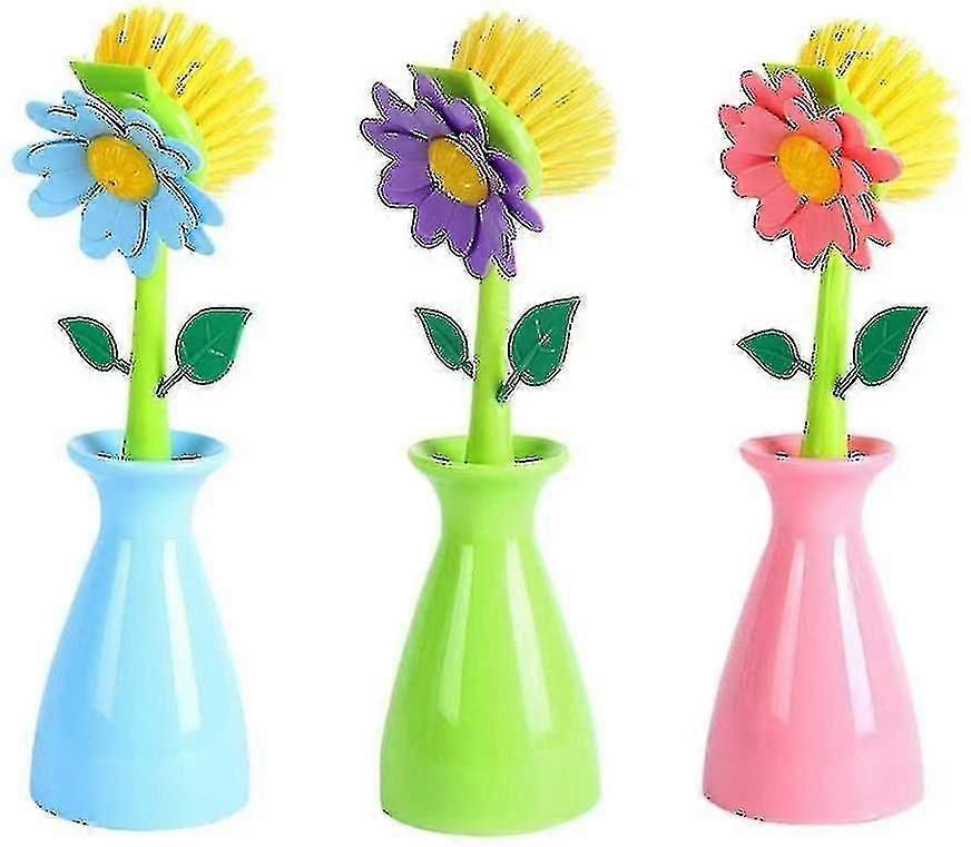 3 Pack Kitchen Scrubbing Cute Flower Shaped Long Handle Dishwashing Brush