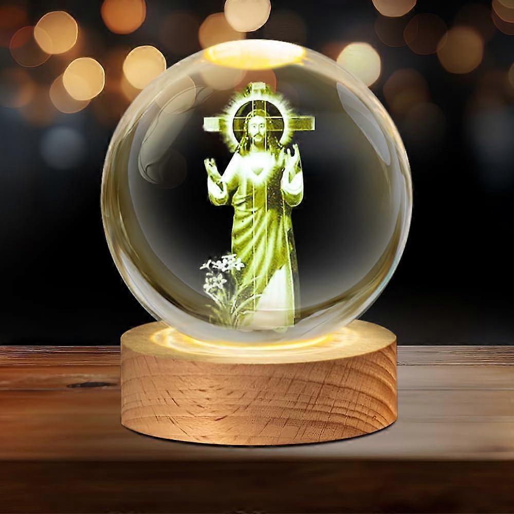 3D Crystal Ball Night Light USB Powered, Wooden Base Crystal Lamp With Jesus Pattern
