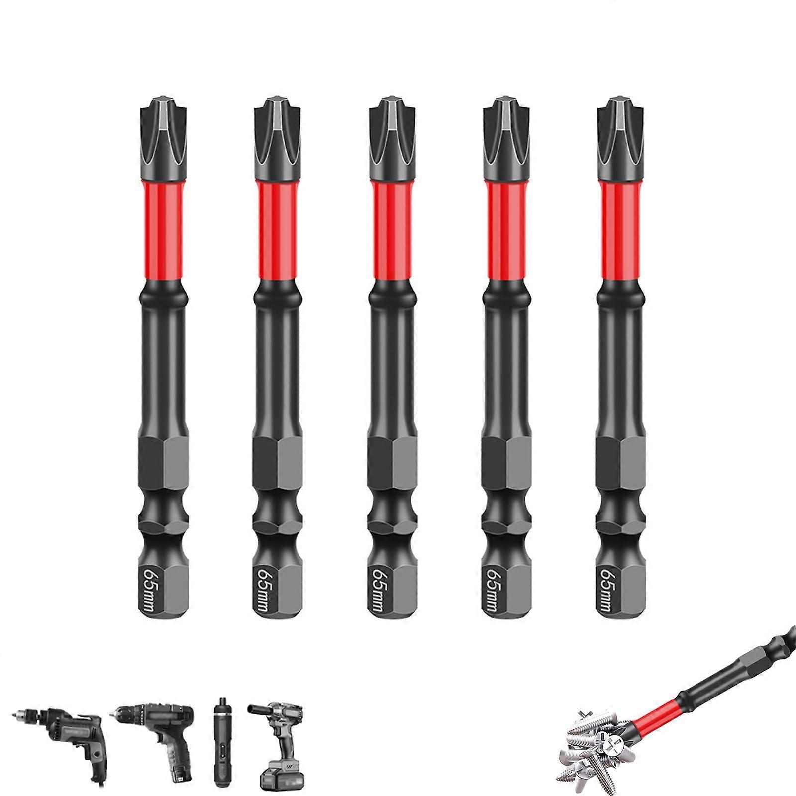 Impact Screwdriver Bit Set for Electricians, PH2 Phillips Bit, 65mm Length, 5Piece Set