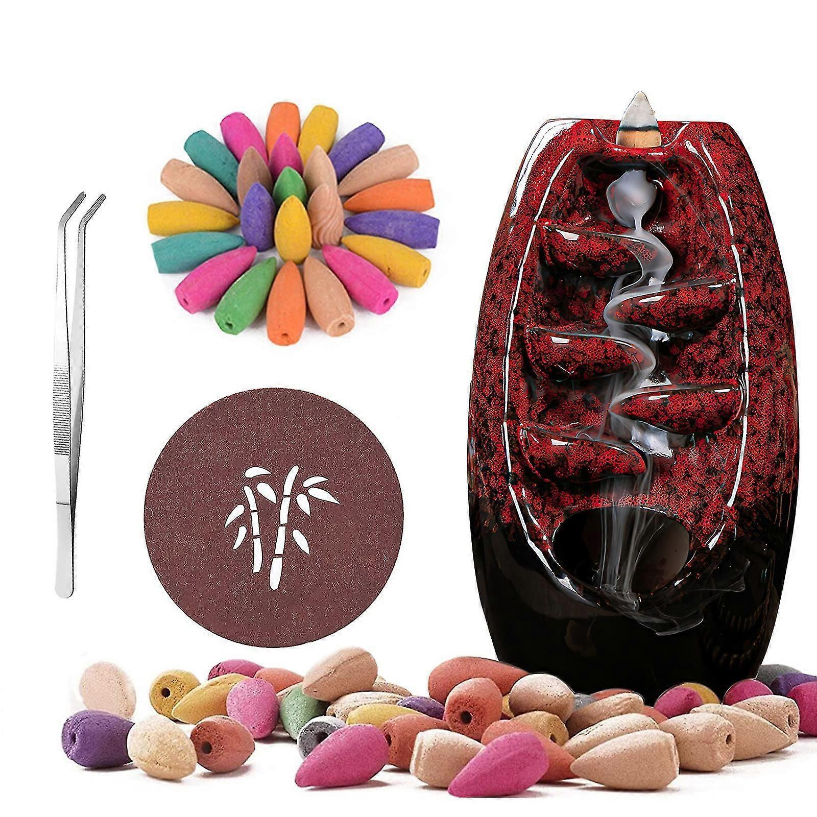 Refluksi vesiputous suitsukepoltin, keraaminen refluksi suitsukepidike vesiputous suitsukepoltin, aromaterapiatarvikkeet, 100 refluksisuitsukekartiota, punainen