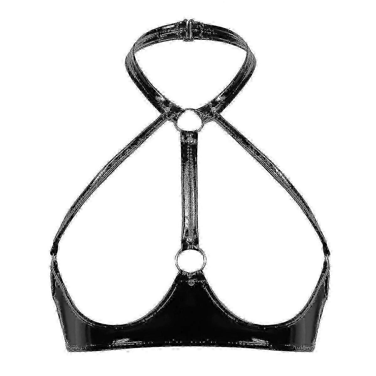 Otwoo Womens Wet Look Patent Läder BH Underkläder Halter Halta Halta Hals Öppna Bröst Underkläder Bralette Underkläder Öppna Kupor Trådlösa Hylla BH Top