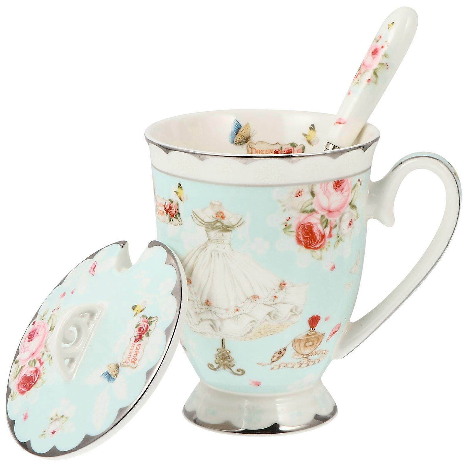 Ceramic Cup With Lid Tea Mugs Heat Insulation Portable 1Set