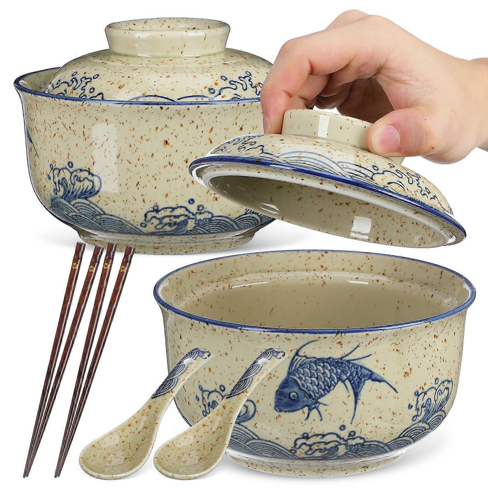 Microwave Safe Ceramic Ramen Bowl With Lid For Daily Family Use 750ML Including Chopsticks 2 Sets